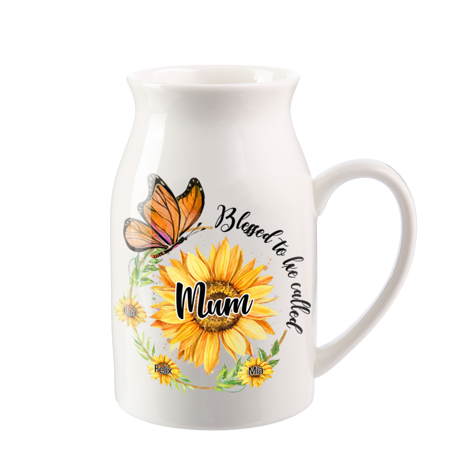 Personalised Ceramic Vase – Custom 2-8 Names & Texts – Sunflower & But