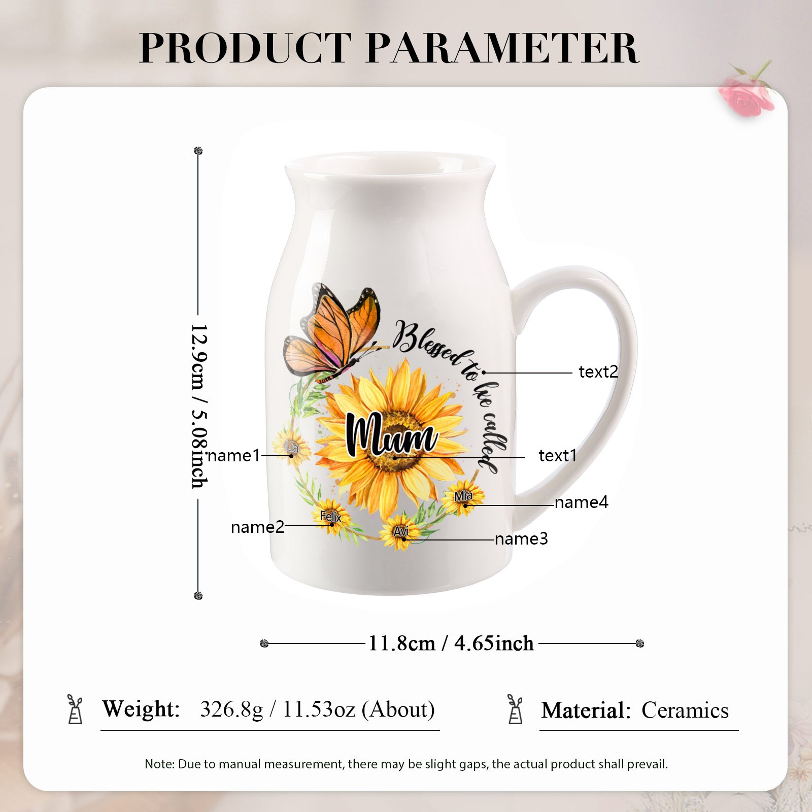 Personalised Ceramic Vase – Custom 2-8 Names & Texts – Sunflower & Butterfly Design – Unique Mother's Day Gifts for Her | Jessemade
