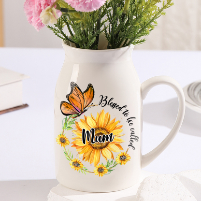 Personalised Ceramic Vase – Custom 2-8 Names & Texts – Sunflower & Butterfly Design – Unique Mother's Day Gifts for Her | Jessemade