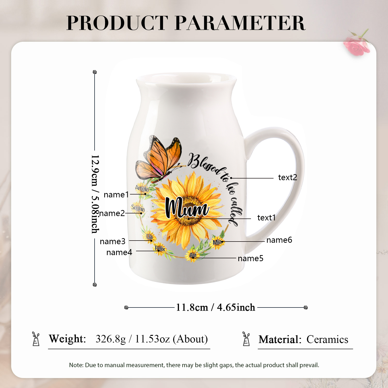 Personalised Ceramic Vase – Custom 2-8 Names & Texts – Sunflower & Butterfly Design – Unique Mother's Day Gifts for Her | Jessemade