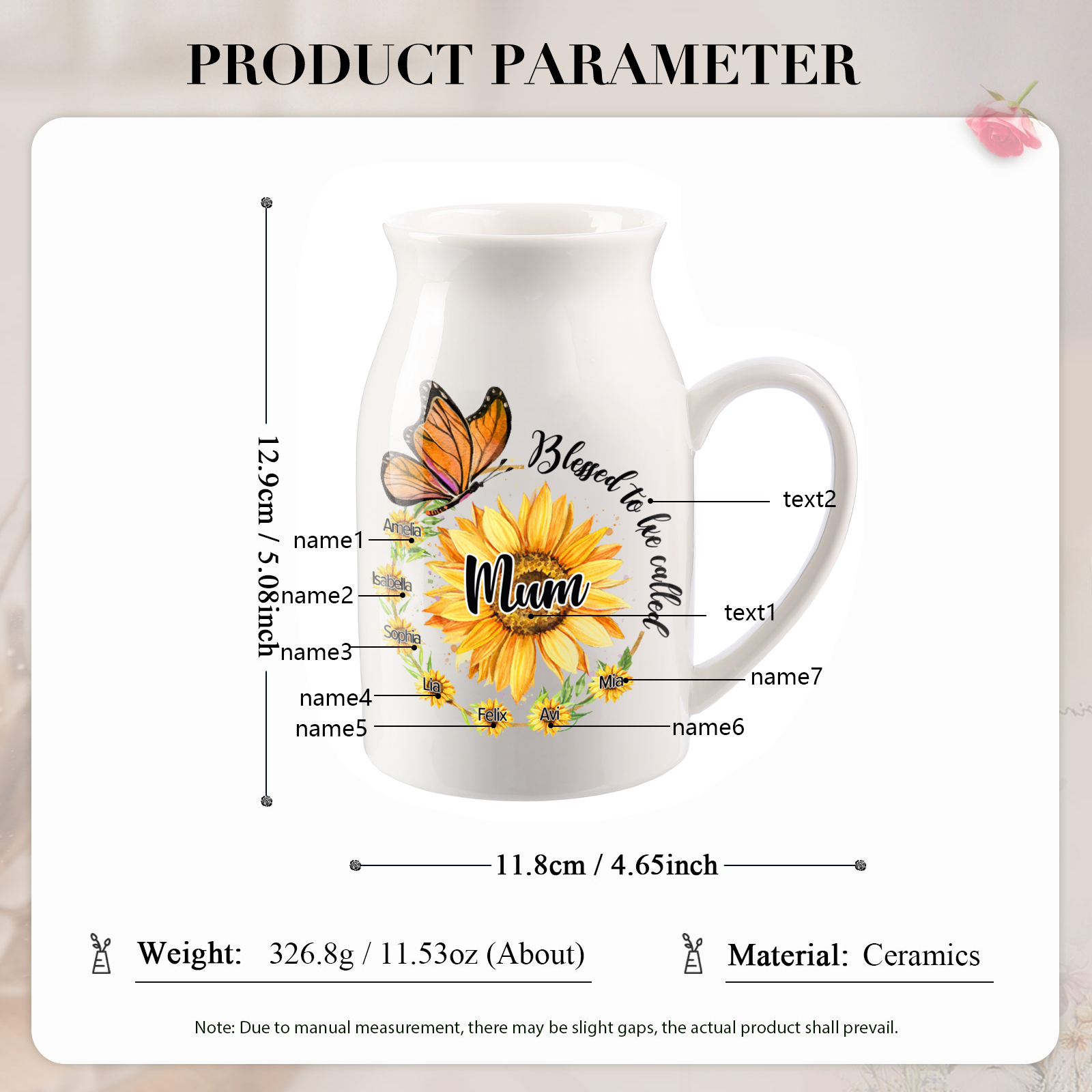 Personalised Ceramic Vase – Custom 2-8 Names & Texts – Sunflower & Butterfly Design – Unique Mother's Day Gifts for Her | Jessemade