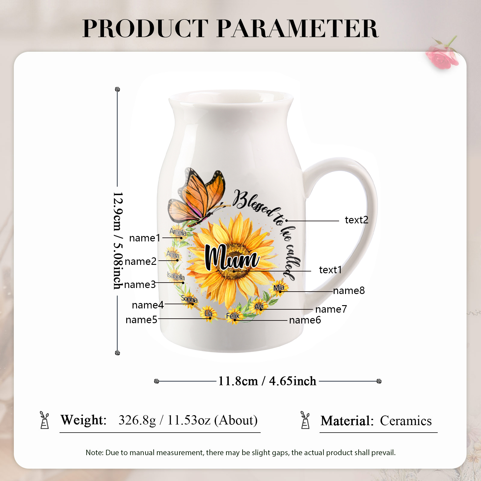 Personalised Ceramic Vase – Custom 2-8 Names & Texts – Sunflower & Butterfly Design – Unique Mother's Day Gifts for Her | Jessemade