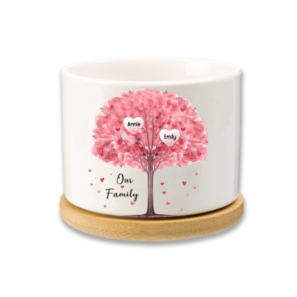 2 Names-Personalized Ceramic Flowerpot with Wooden Base Custom 2 Names & 1 Text Pink Family Tree Flowerpot Gift for Mother