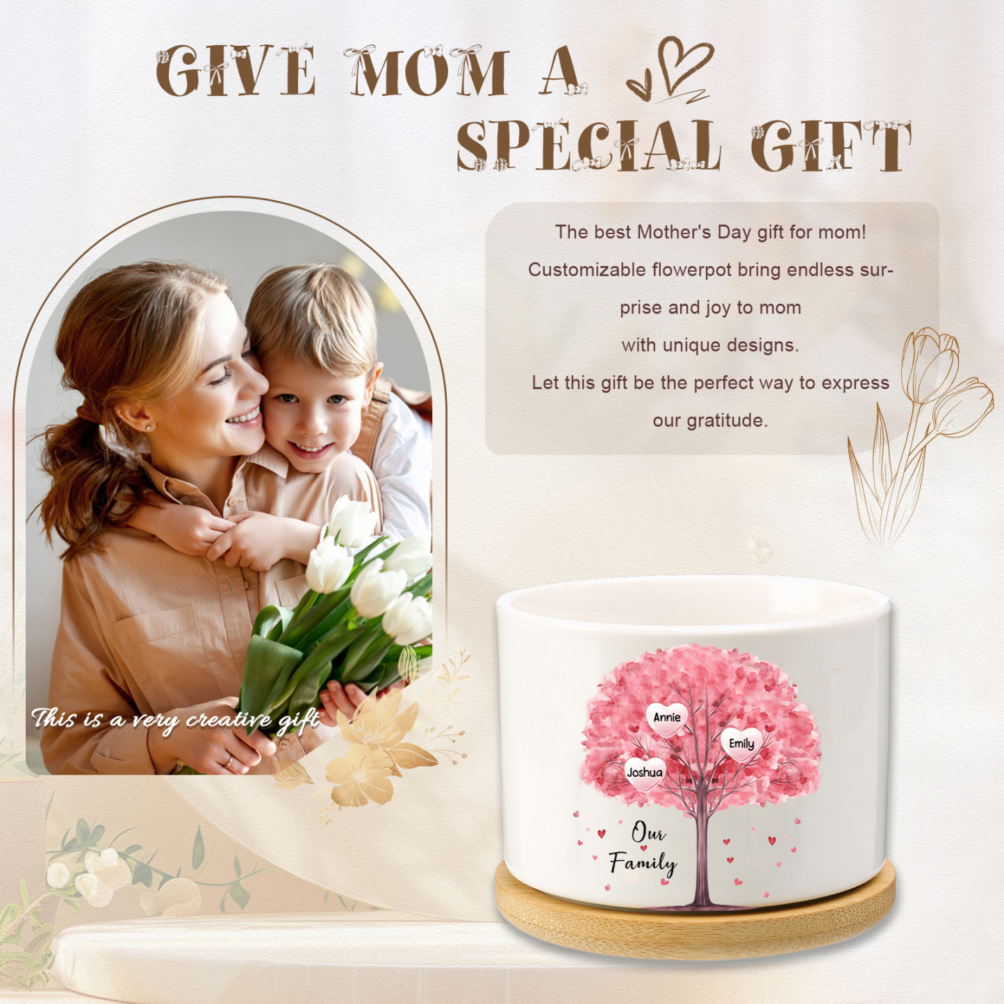 3 Names-Personalized Ceramic Flowerpot with Wooden Base Custom 3 Names & 1 Text Pink Family Tree Flowerpot Gift for Mother