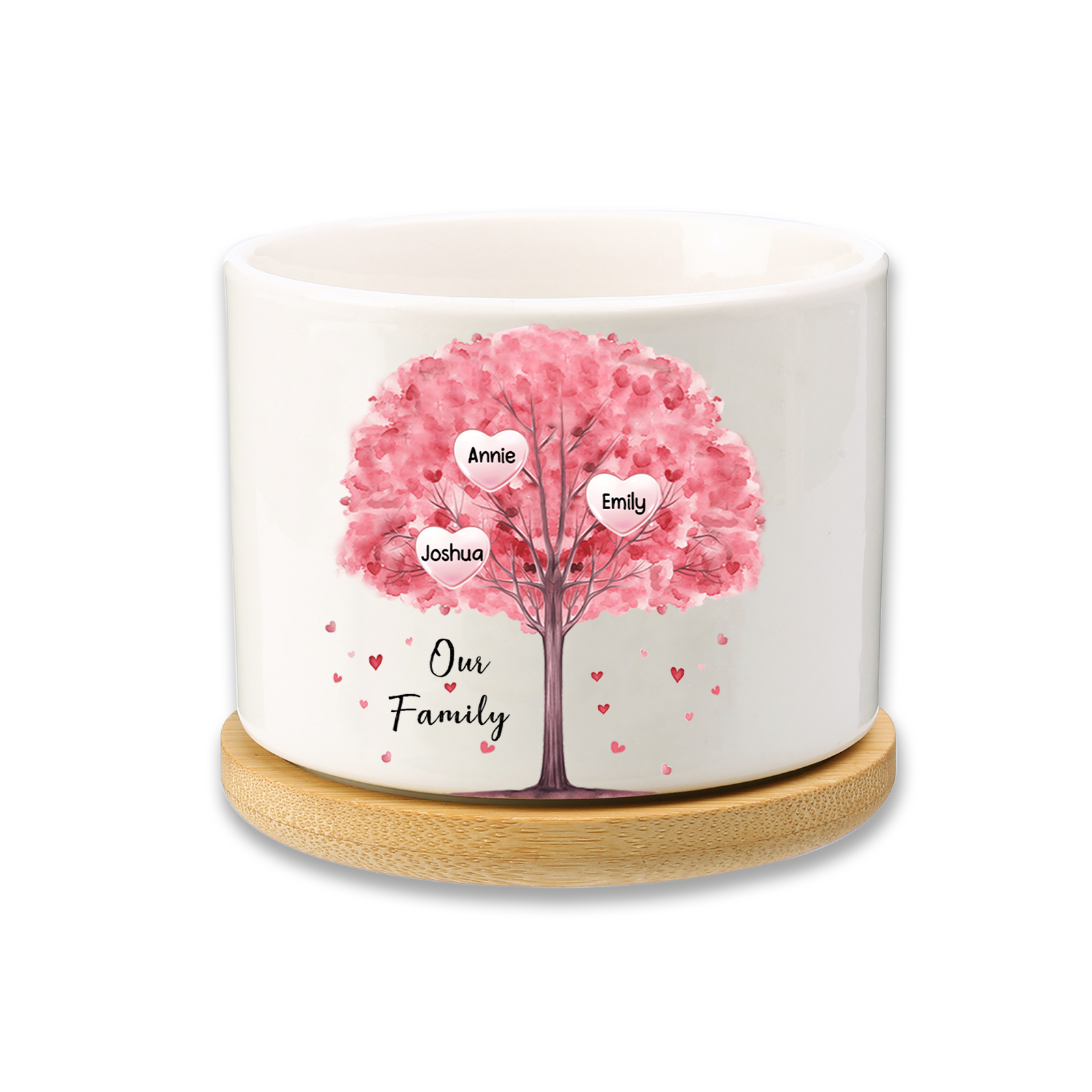 3 Names-Personalized Ceramic Flowerpot with Wooden Base Custom 3 Names & 1 Text Pink Family Tree Flowerpot Gift for Mother