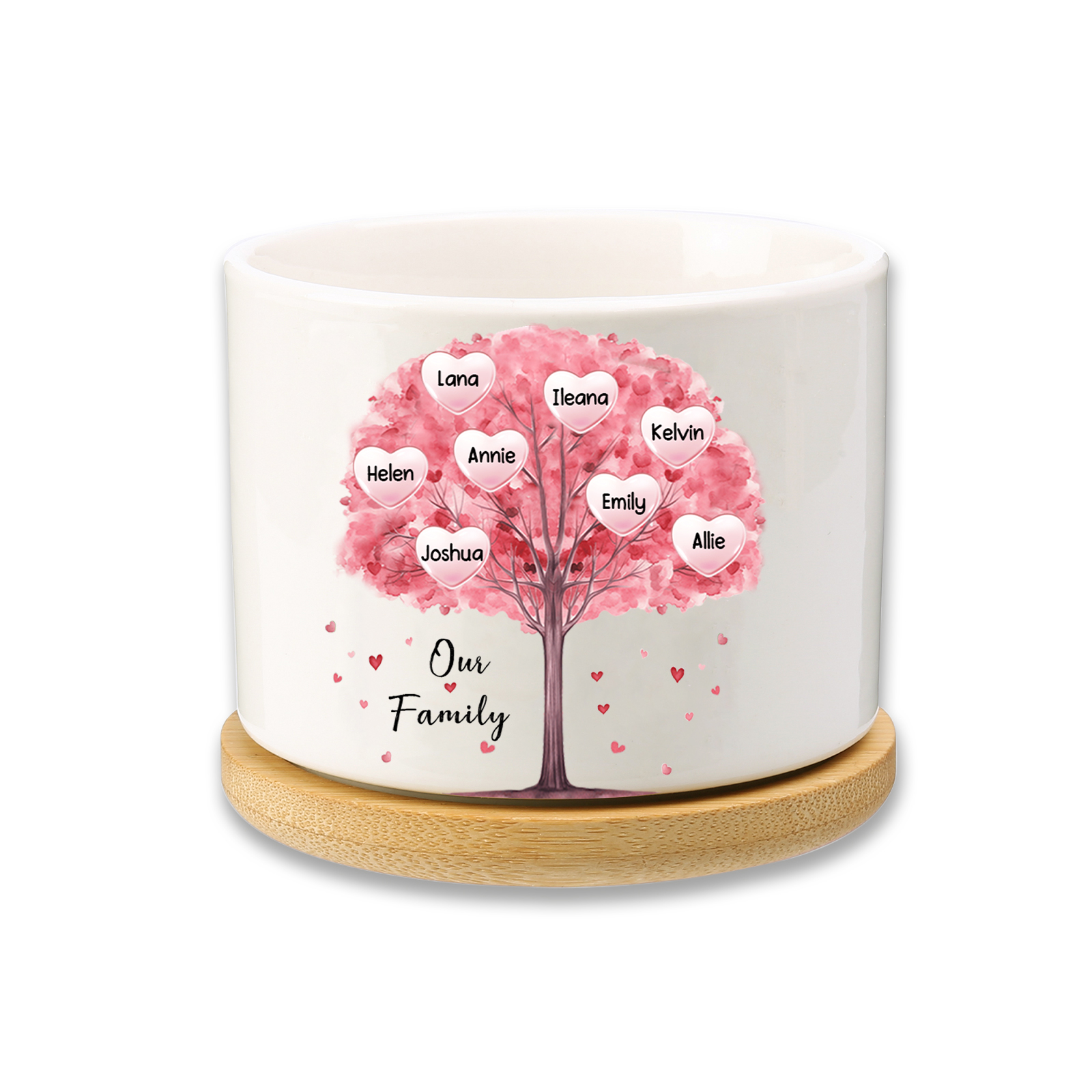 8 Names-Personalized Ceramic Flowerpot with Wooden Base Custom 8 Names & 1 Text Pink Family Tree Flowerpot Gift for Mother