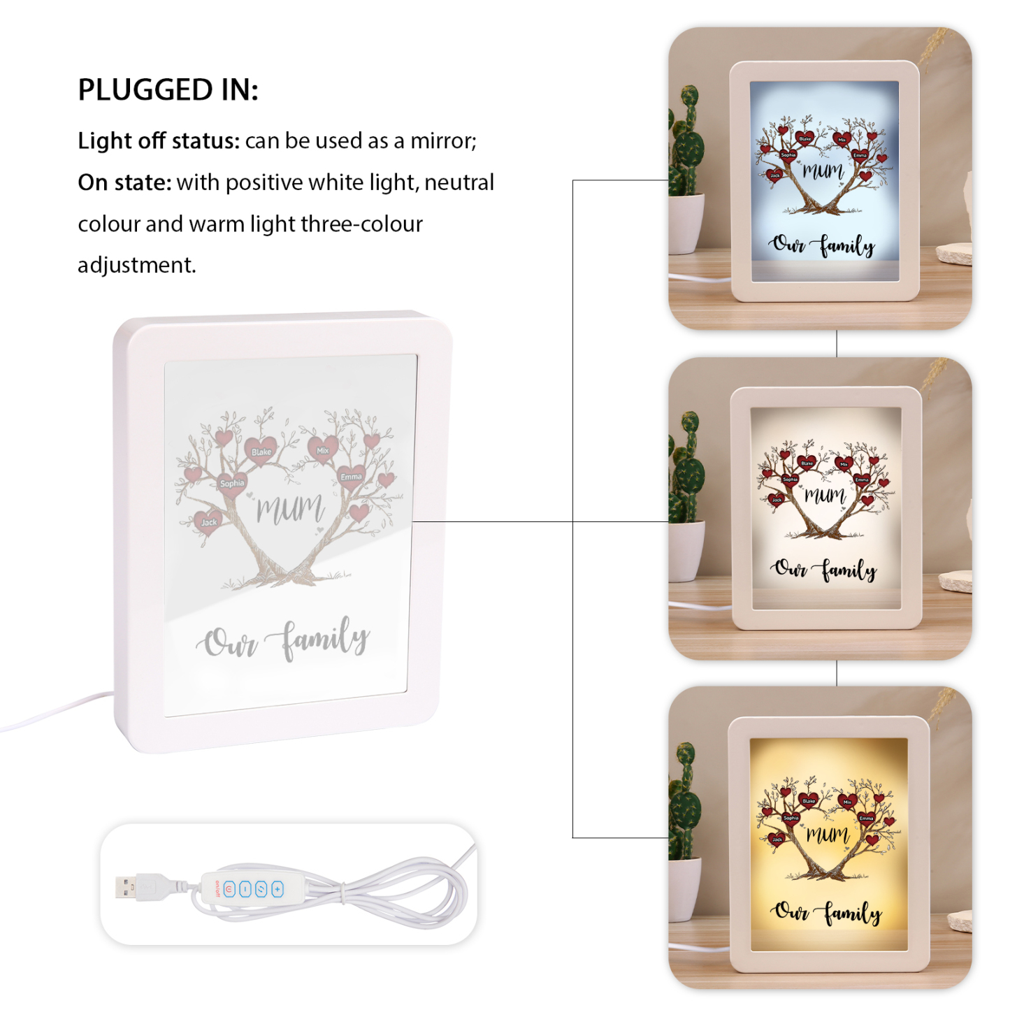 5 Names - Personalized Home Mirror Photo Frame Night Light Insert/Rechargeable Custom Text LED Night Light Gift for Mum
