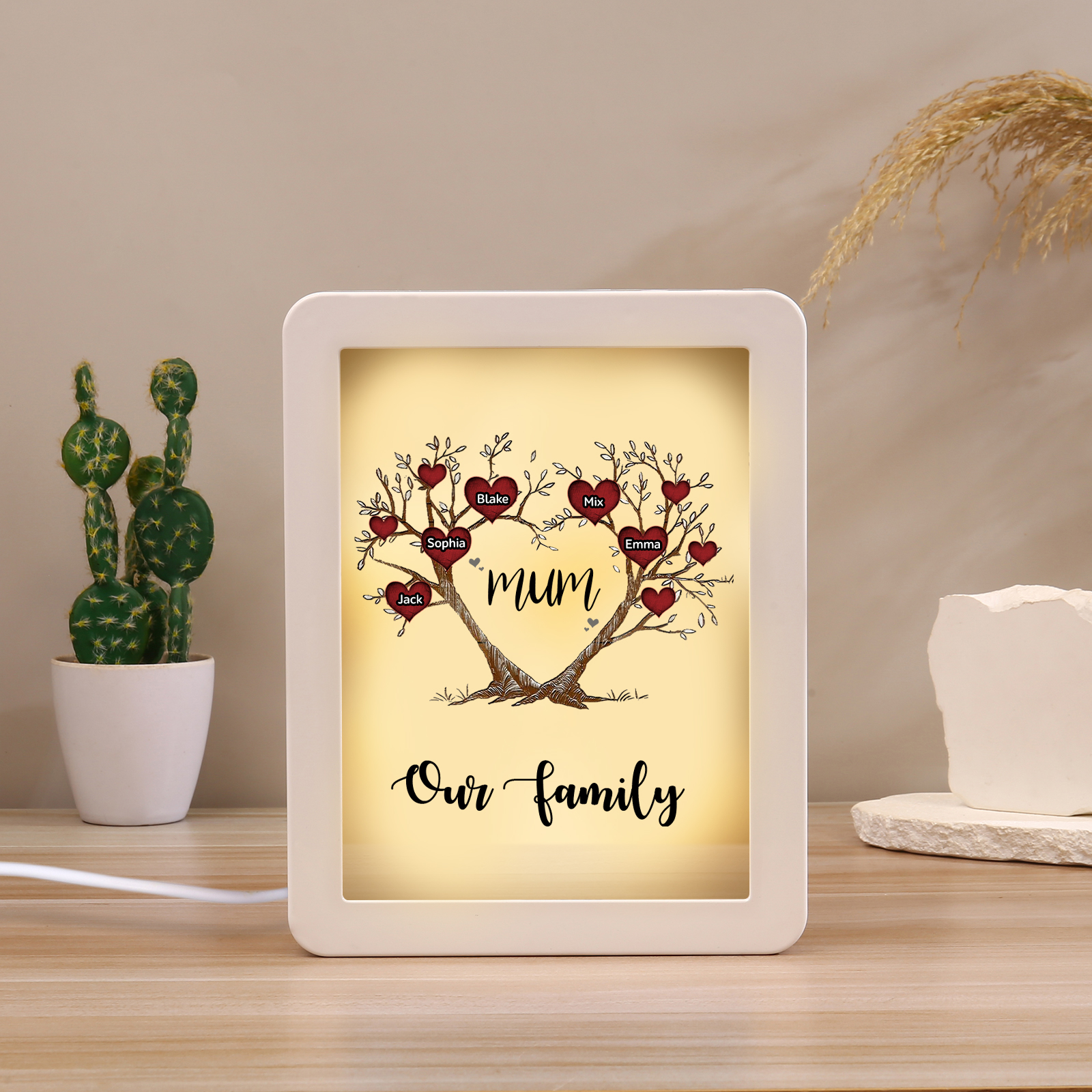 5 Names - Personalized Home Mirror Photo Frame Night Light Insert/Rechargeable Custom Text LED Night Light Gift for Mum