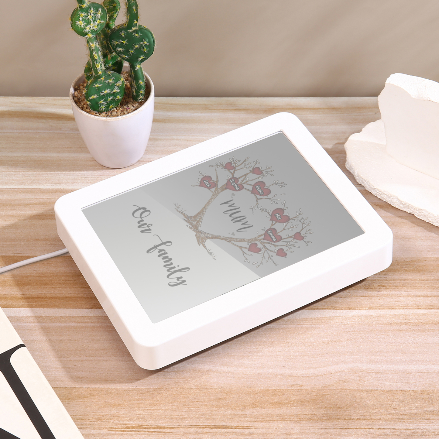 5 Names - Personalized Home Mirror Photo Frame Night Light Insert/Rechargeable Custom Text LED Night Light Gift for Mum