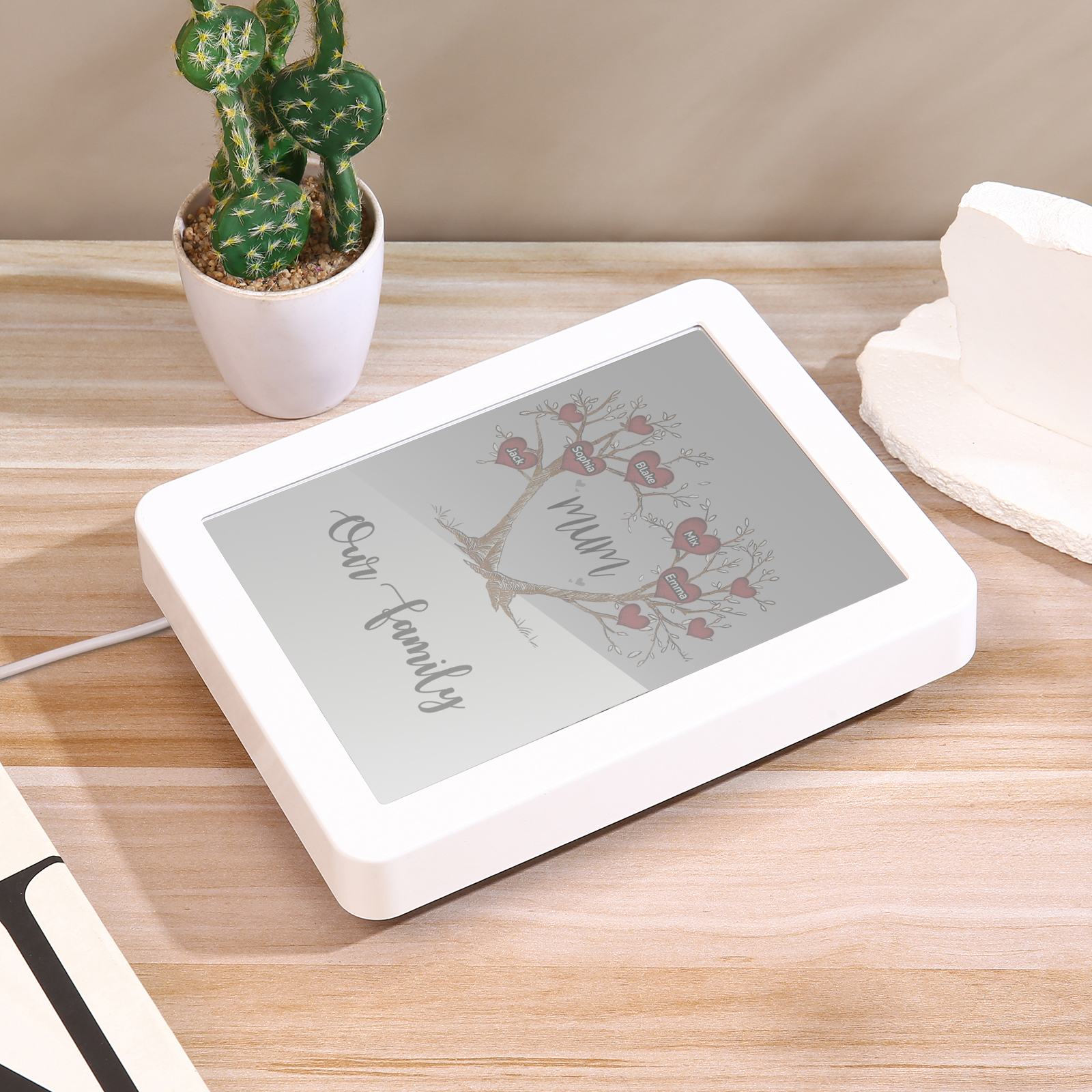 5 Names - Personalized Home Mirror Photo Frame Night Light Insert/Rechargeable Custom Text LED Night Light Gift for Mum