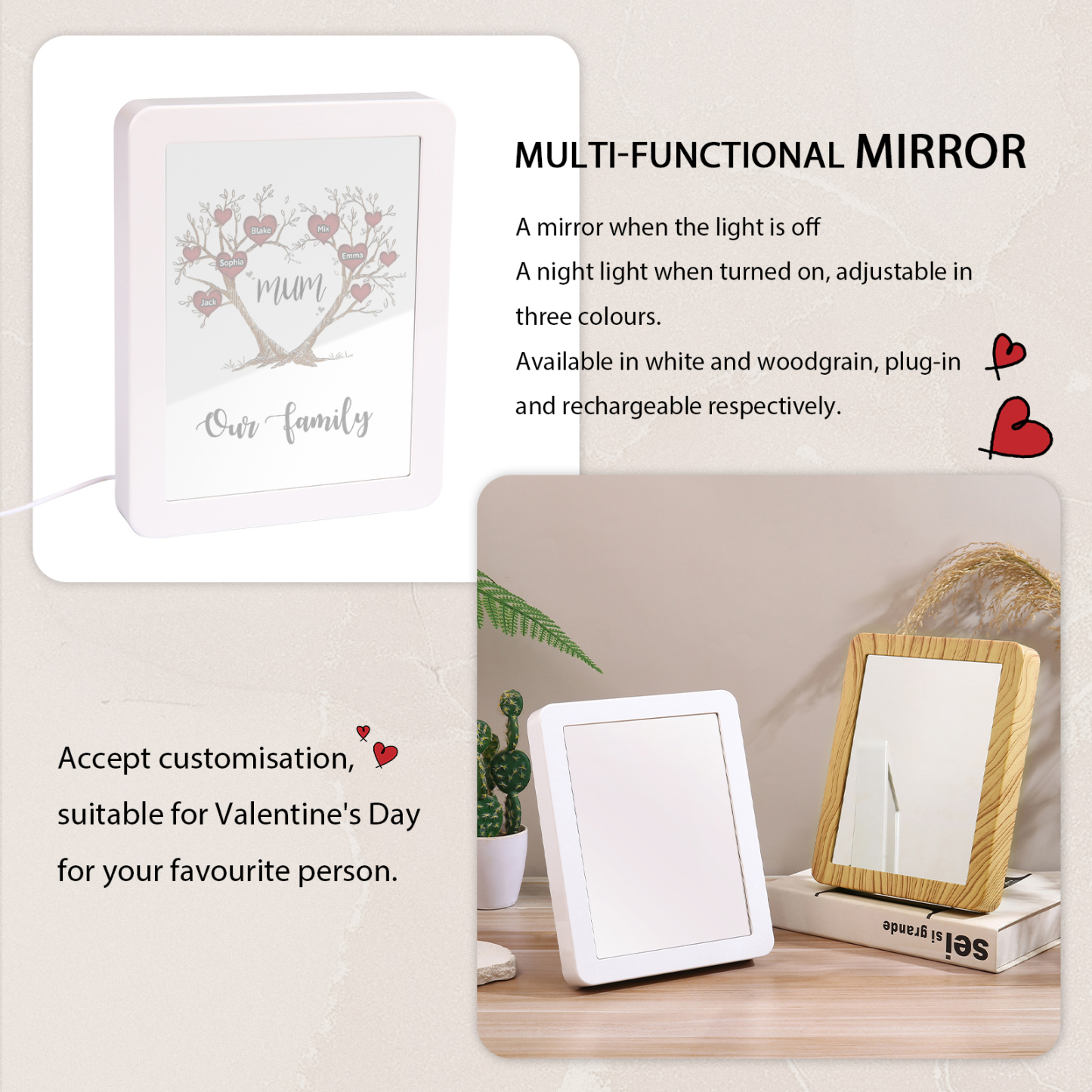 5 Names - Personalized Home Mirror Photo Frame Night Light Insert/Rechargeable Custom Text LED Night Light Gift for Mum