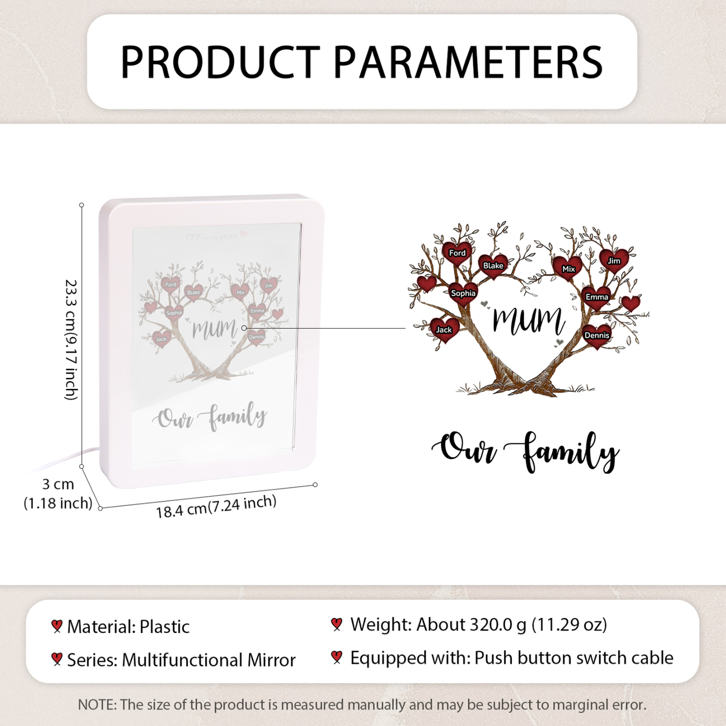 8 Names - Personalized Home Mirror Photo Frame Night Light Insert/Rechargeable Custom Text LED Night Light Gift for Mum