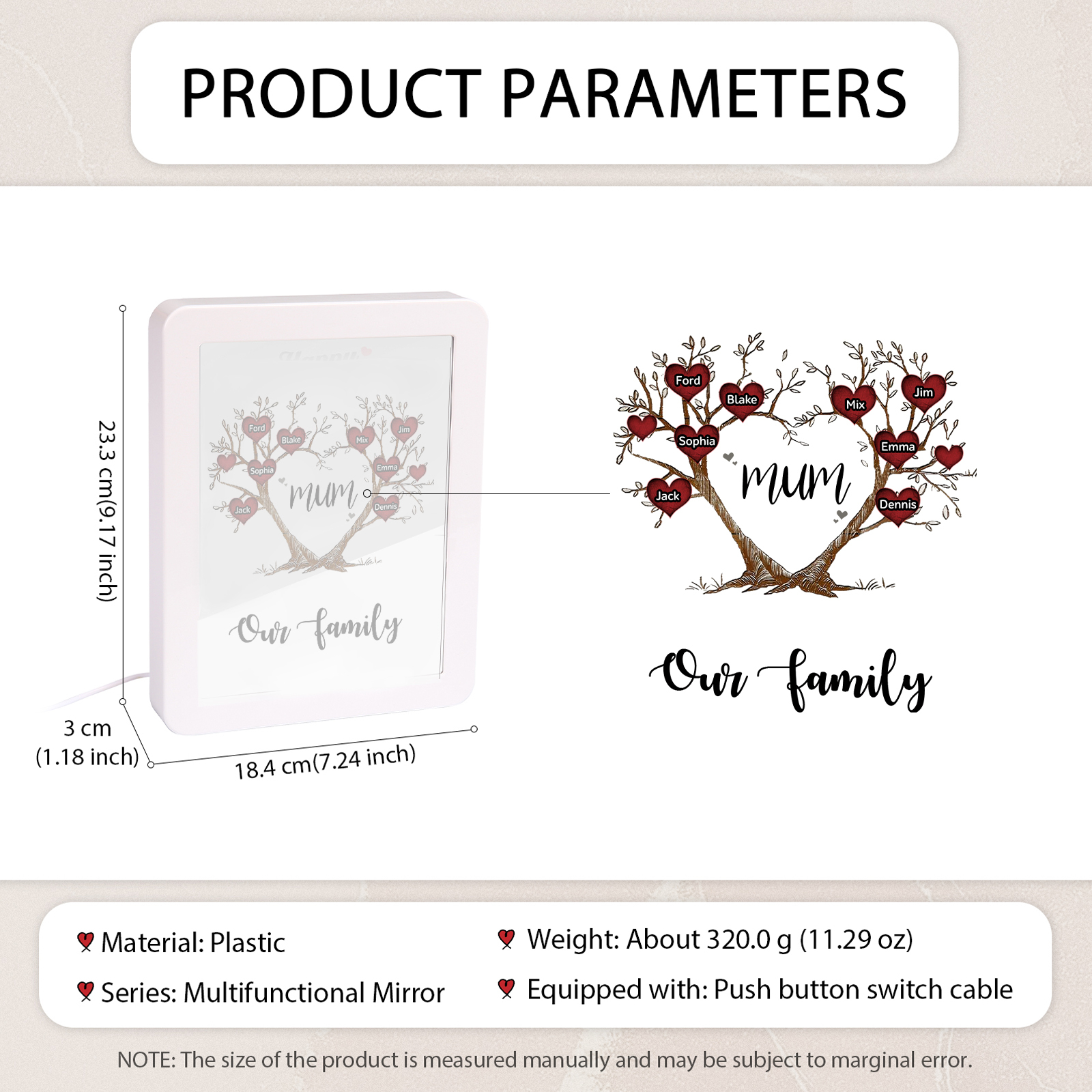 8 Names - Personalized Home Mirror Photo Frame Night Light Insert/Rechargeable Custom Text LED Night Light Gift for Mum