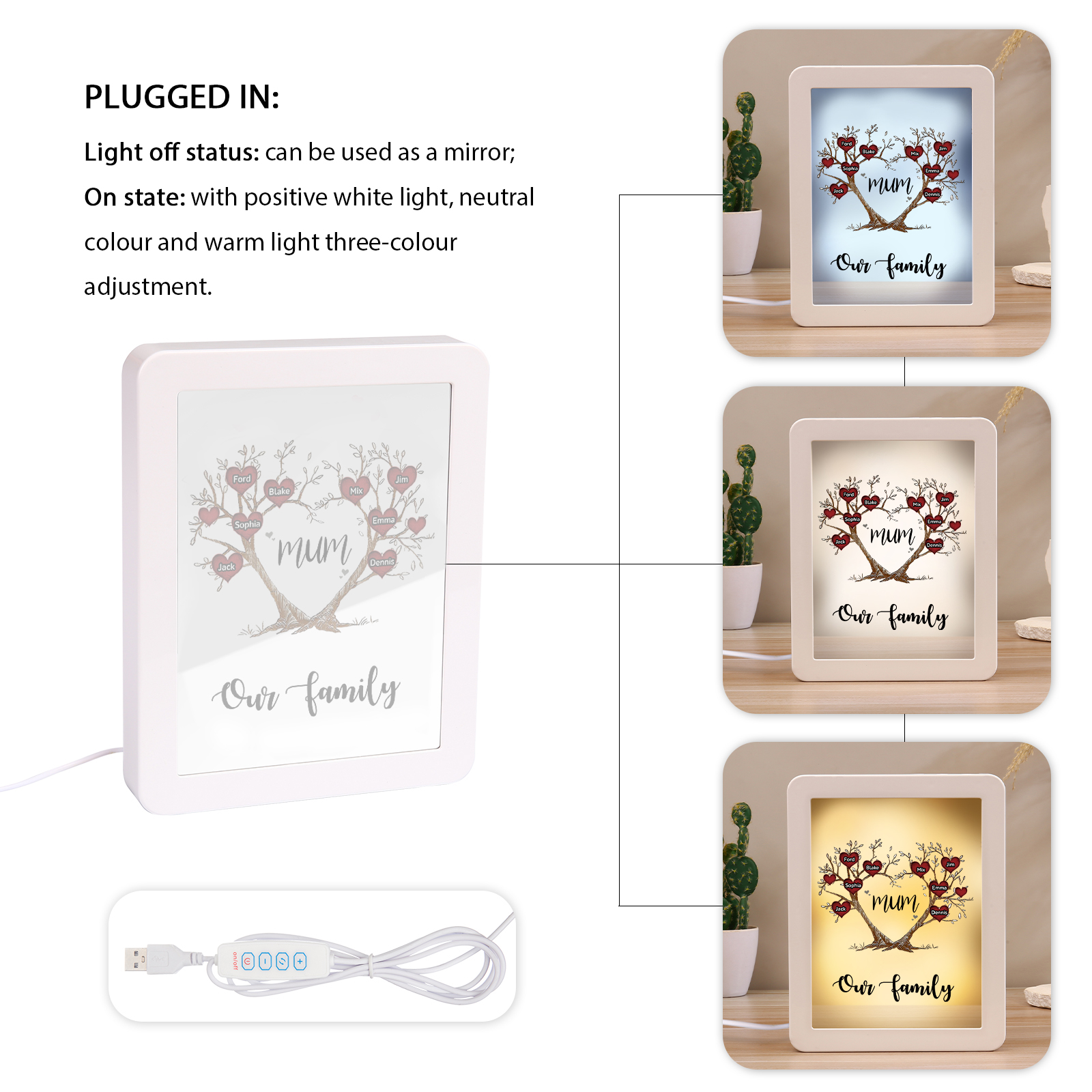 8 Names - Personalized Home Mirror Photo Frame Night Light Insert/Rechargeable Custom Text LED Night Light Gift for Mum