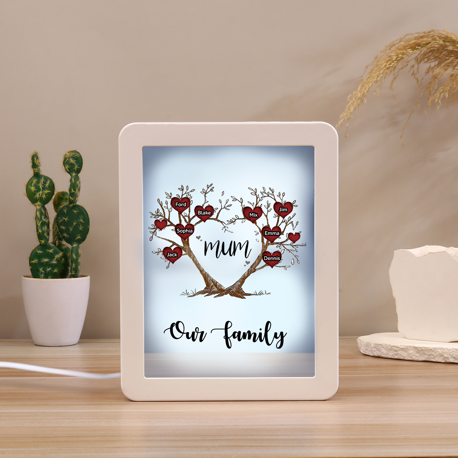 8 Names - Personalized Home Mirror Photo Frame Night Light Insert/Rechargeable Custom Text LED Night Light Gift for Mum