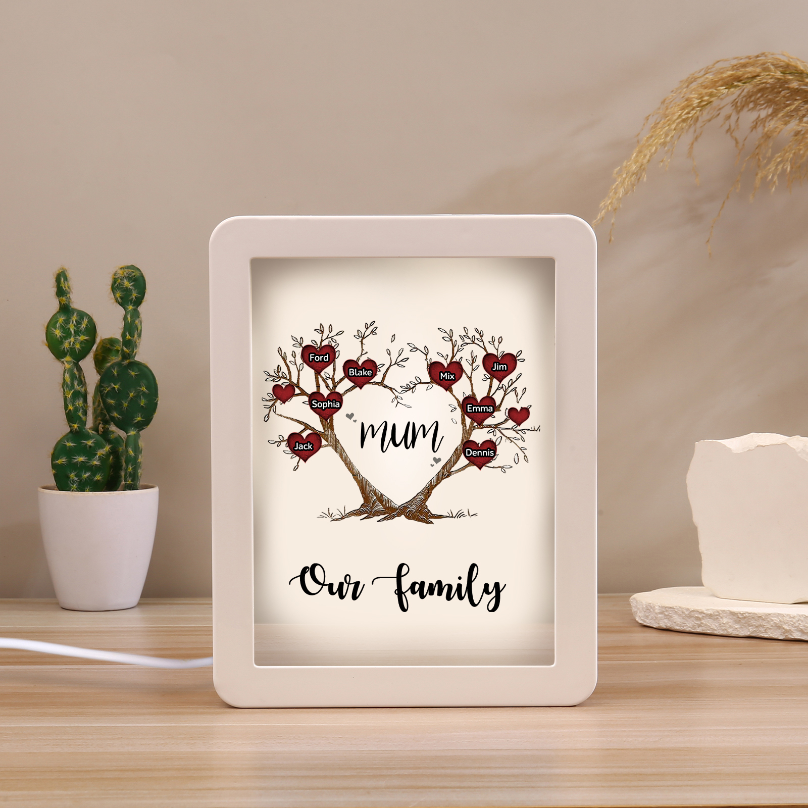 8 Names - Personalized Home Mirror Photo Frame Night Light Insert/Rechargeable Custom Text LED Night Light Gift for Mum