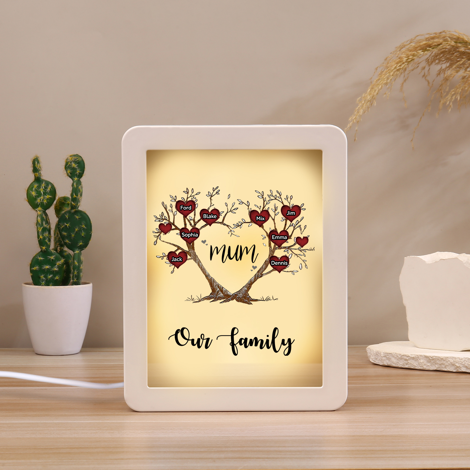 8 Names - Personalized Home Mirror Photo Frame Night Light Insert/Rechargeable Custom Text LED Night Light Gift for Mum