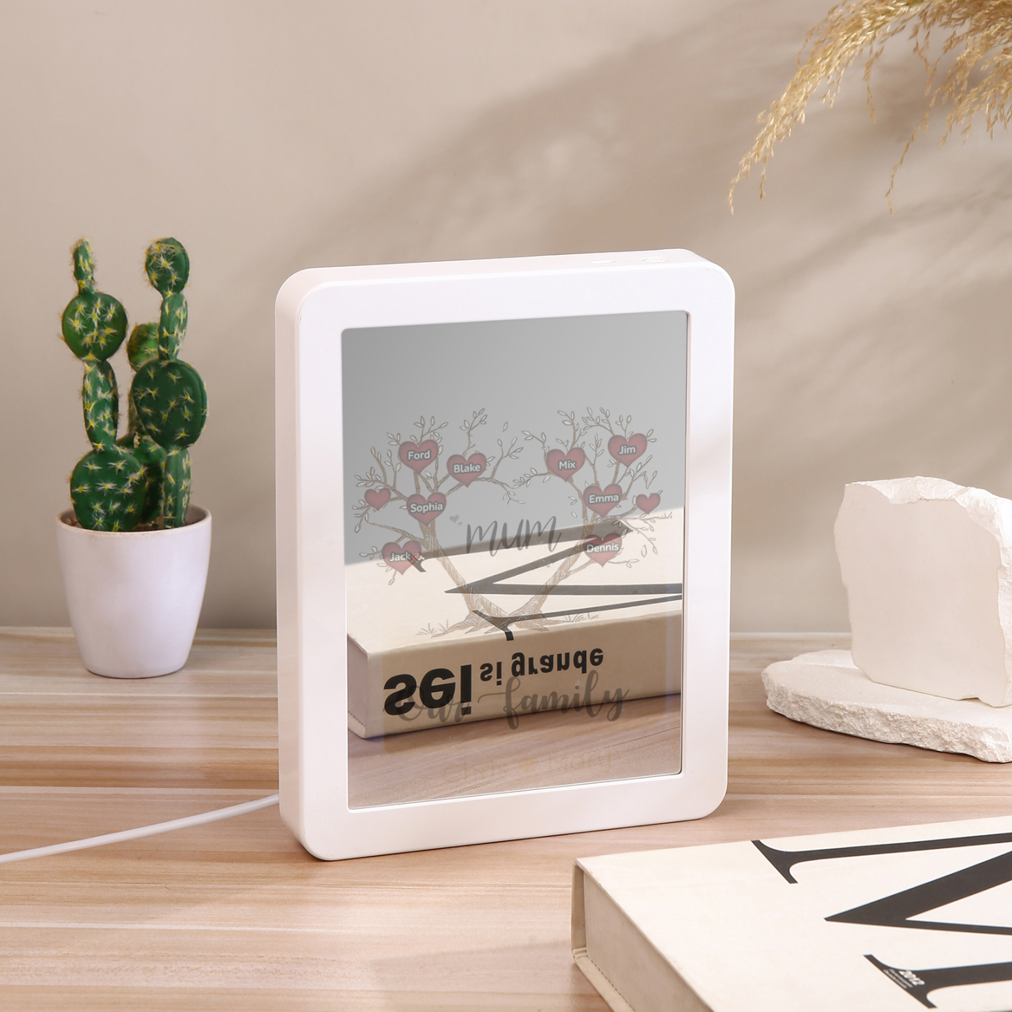 8 Names - Personalized Home Mirror Photo Frame Night Light Insert/Rechargeable Custom Text LED Night Light Gift for Mum