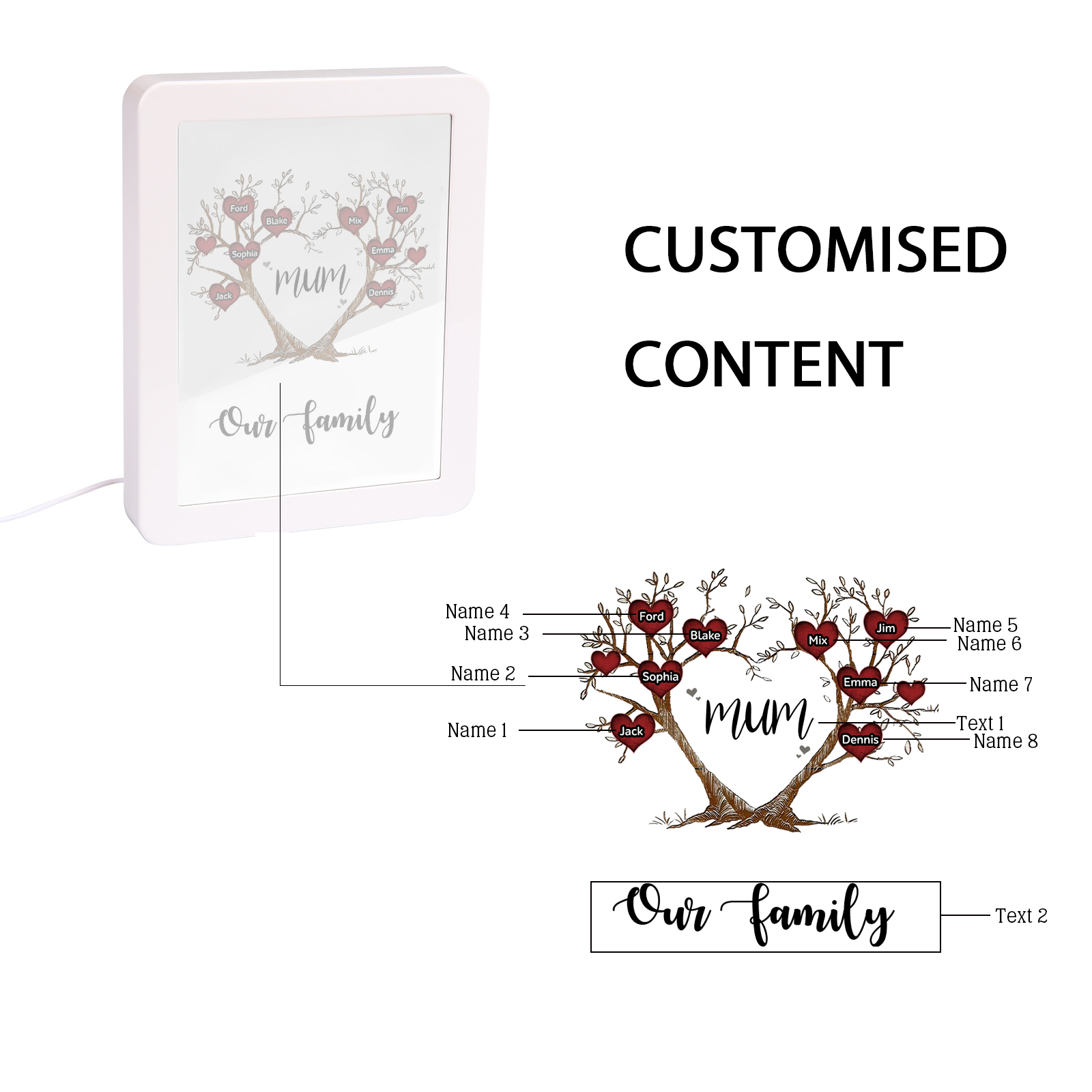 8 Names - Personalized Home Mirror Photo Frame Night Light Insert/Rechargeable Custom Text LED Night Light Gift for Mum