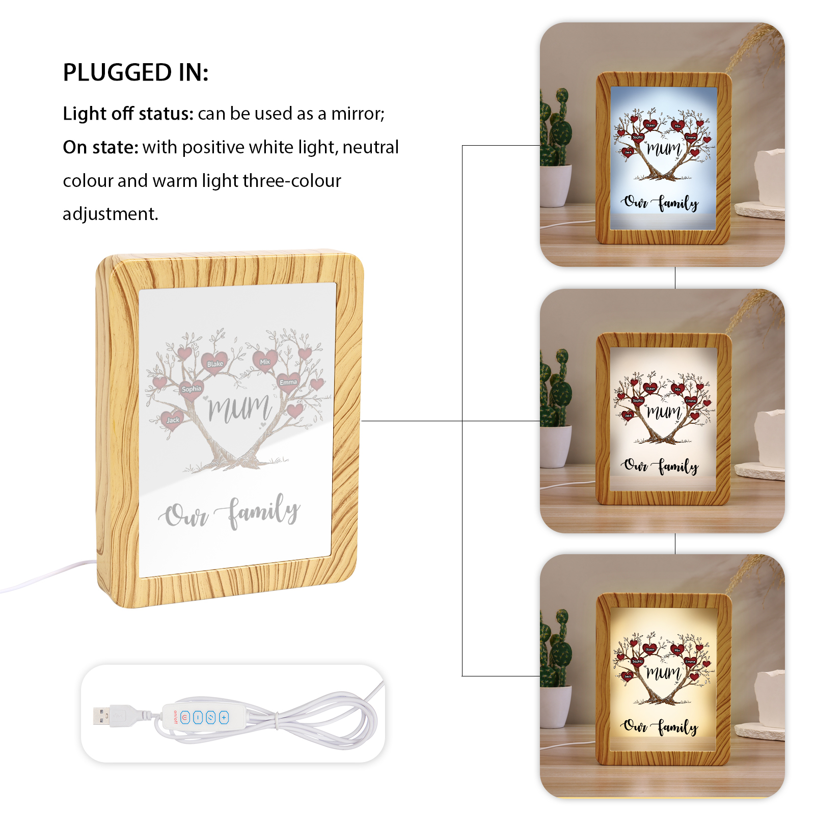 5 Names - Personalized Home Mirror Photo Frame Night Light Insert/Rechargeable Custom Text LED Night Light Gift for Mum