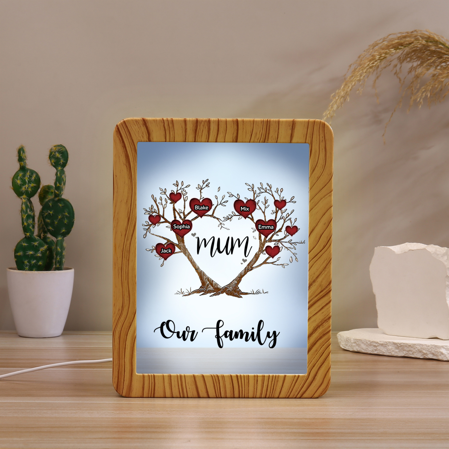 5 Names - Personalized Home Mirror Photo Frame Night Light Insert/Rechargeable Custom Text LED Night Light Gift for Mum