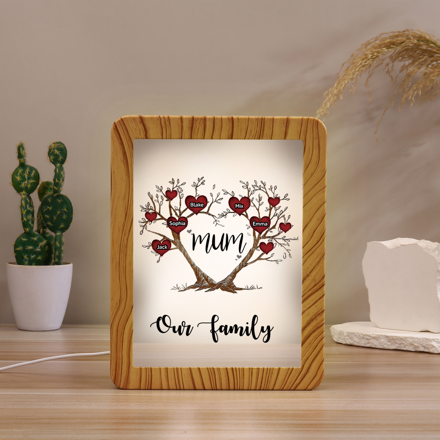5 Names - Personalized Home Mirror Photo Frame Night Light Insert/Rechargeable Custom Text LED Night Light Gift for Mum