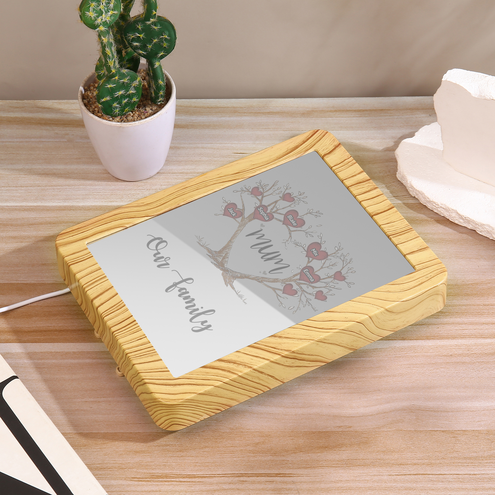 5 Names - Personalized Home Mirror Photo Frame Night Light Insert/Rechargeable Custom Text LED Night Light Gift for Mum
