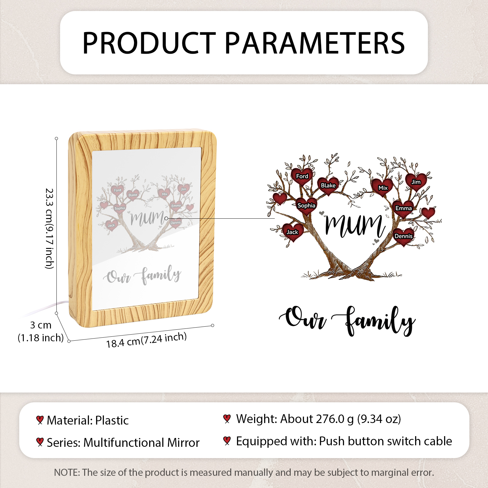 8 Names - Personalized Home Mirror Photo Frame Night Light Insert/Rechargeable Custom Text LED Night Light Gift for Mum