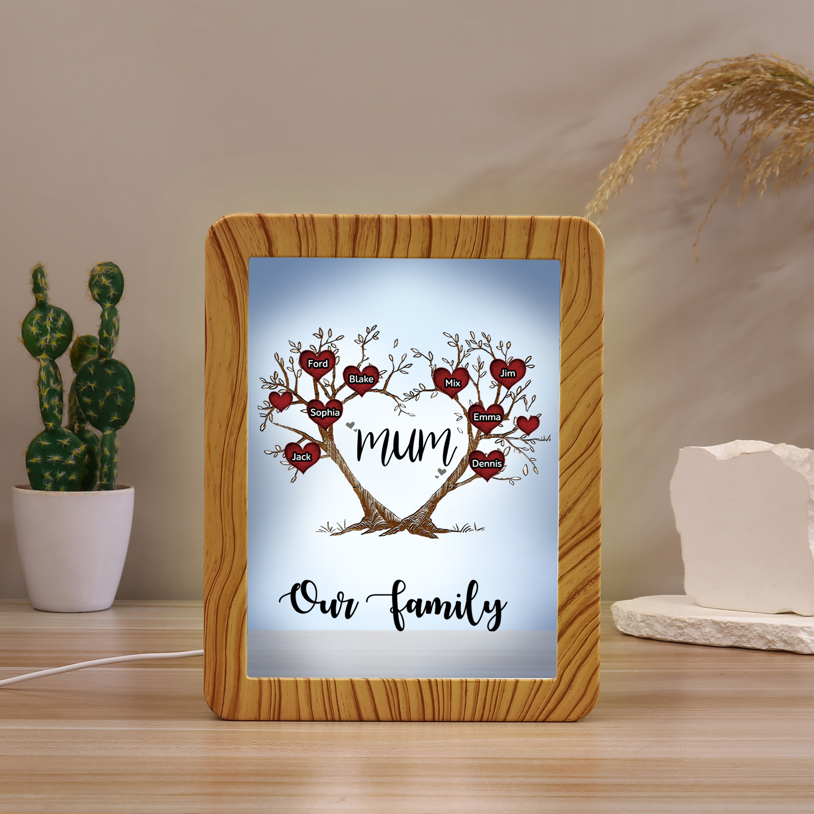 8 Names - Personalized Home Mirror Photo Frame Night Light Insert/Rechargeable Custom Text LED Night Light Gift for Mum