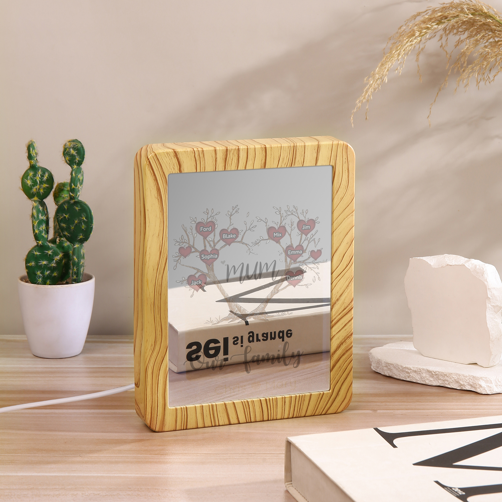 8 Names - Personalized Home Mirror Photo Frame Night Light Insert/Rechargeable Custom Text LED Night Light Gift for Mum