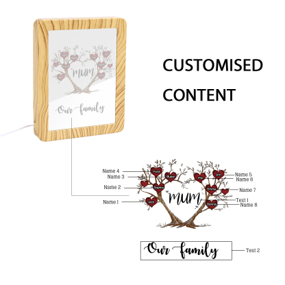 8 Names - Personalized Home Mirror Photo Frame Night Light Insert/Rechargeable Custom Text LED Night Light Gift for Mum