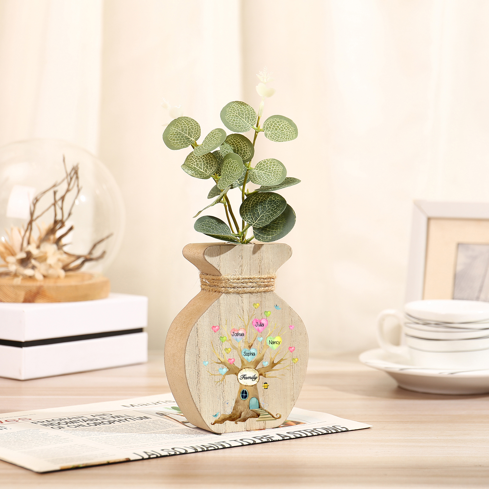 4 Names - Personalized Custom Text and Name Wooden Ornament Vase as A Gift for Family