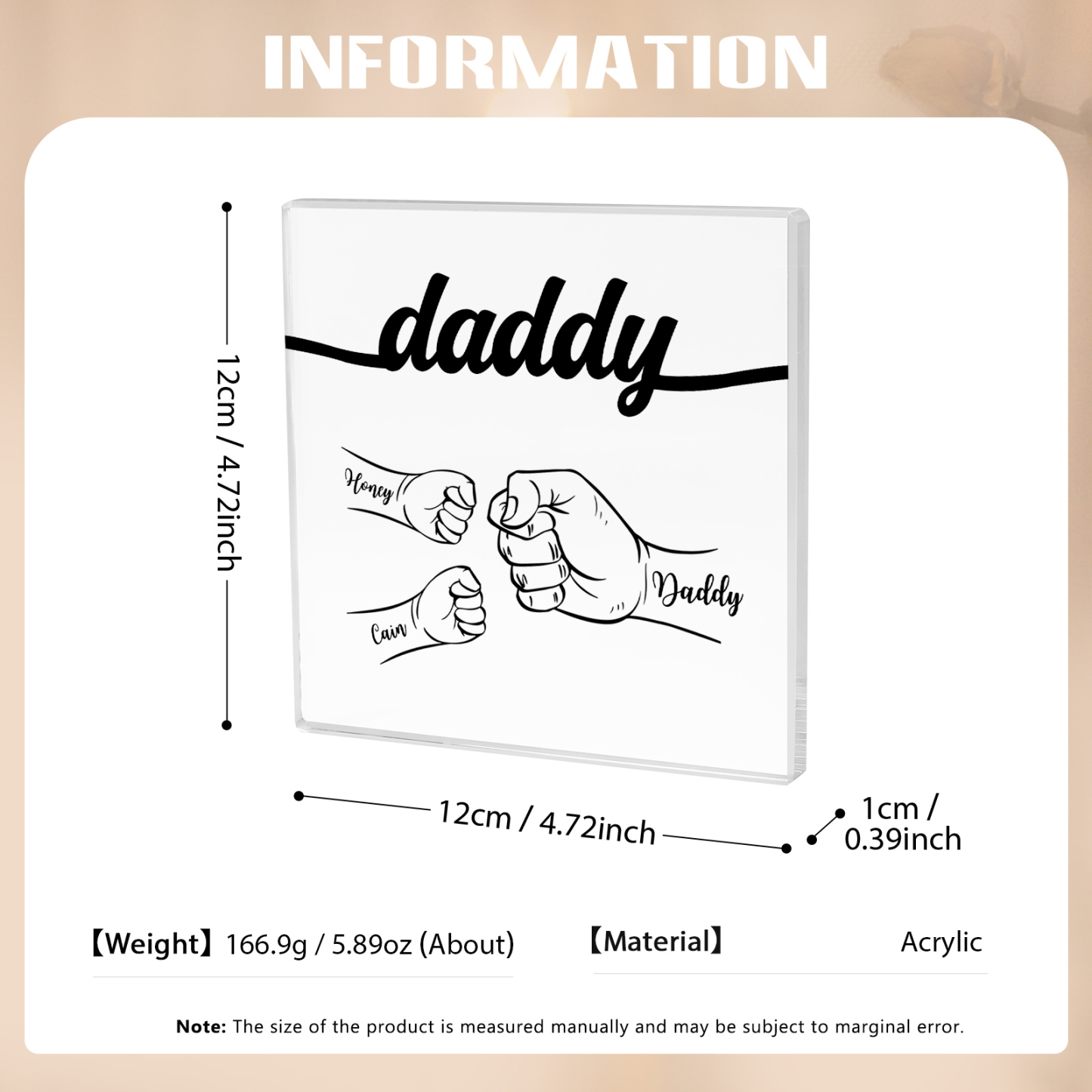 3 Names - Personalized Fist Acrylic Keepsake Custom Text Acrylic Plaque Ornament Gift for Dad
