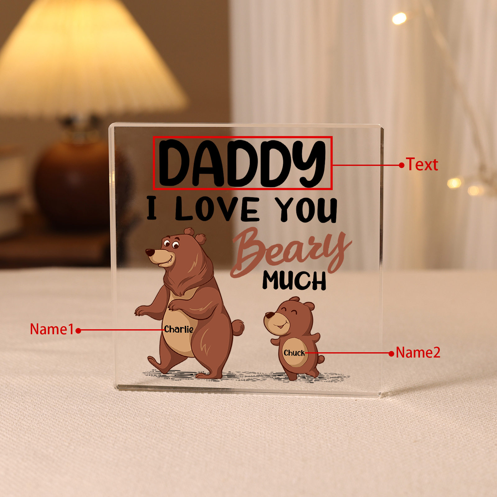 2 Names-Personalised Bear Family Acrylic Keepsake-Custom Text and Names-Acrylic Plaque Home Decoration Gift for Daddy/Grandad