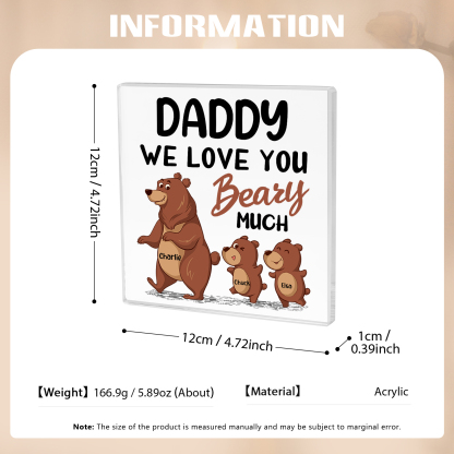 3 Names-Personalised Bear Family Acrylic Keepsake-Custom Text and Names-Acrylic Plaque Home Decoration Gift for Daddy/Grandad