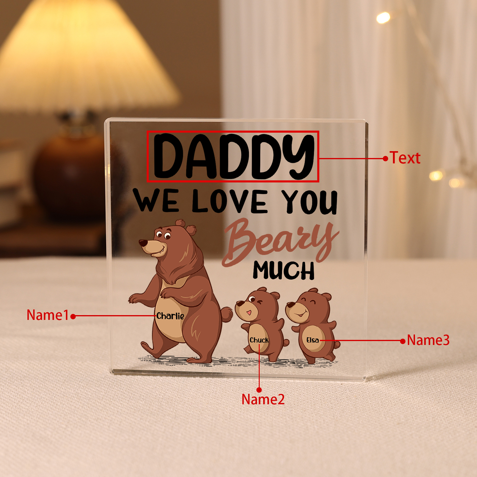 3 Names-Personalised Bear Family Acrylic Keepsake-Custom Text and Names-Acrylic Plaque Home Decoration Gift for Daddy/Grandad
