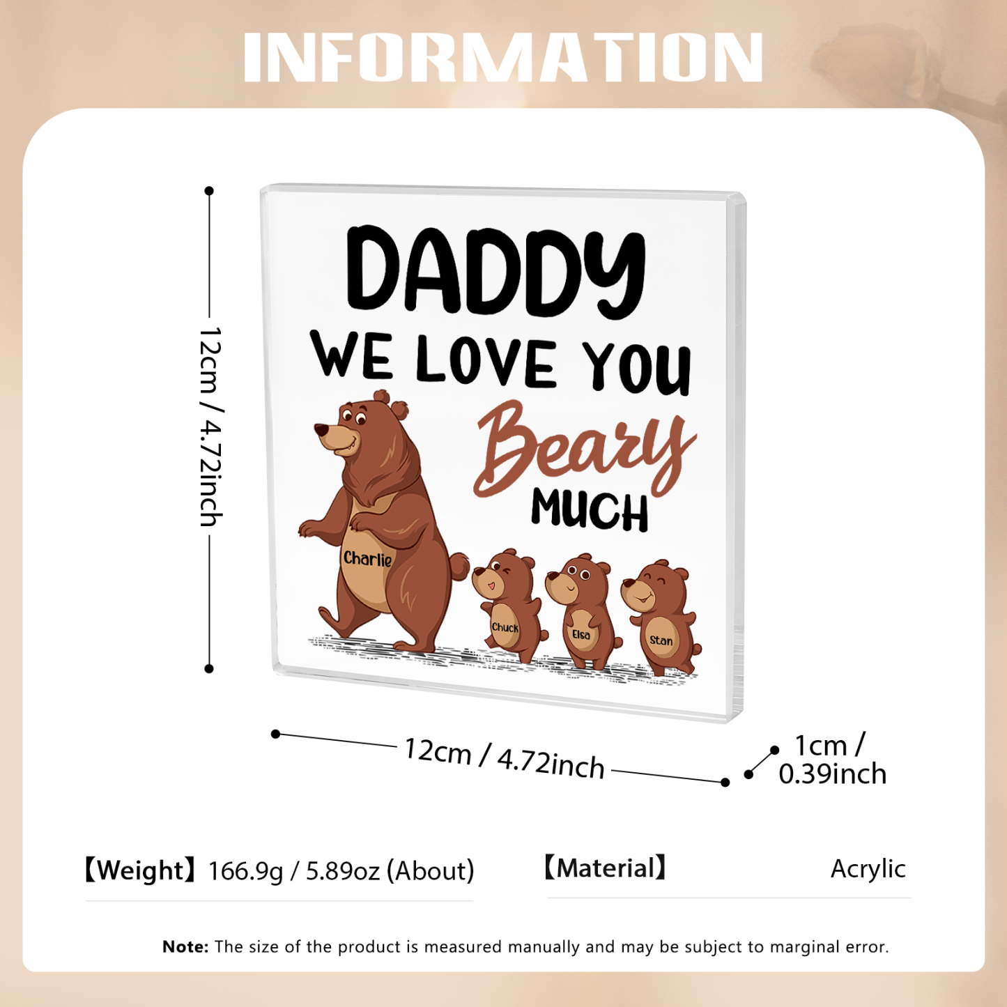4 Names-Personalised Bear Family Acrylic Keepsake-Custom Text and Names-Acrylic Plaque Home Decoration Gift for Daddy/Grandad