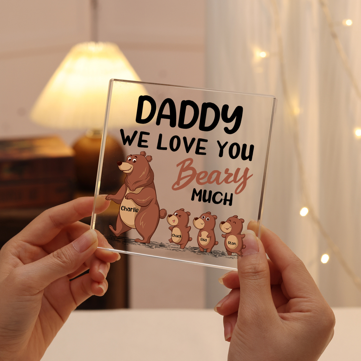 4 Names-Personalised Bear Family Acrylic Keepsake-Custom Text and Names-Acrylic Plaque Home Decoration Gift for Daddy/Grandad