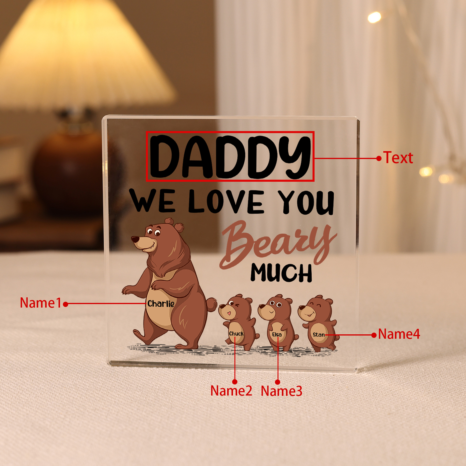 4 Names-Personalised Bear Family Acrylic Keepsake-Custom Text and Names-Acrylic Plaque Home Decoration Gift for Daddy/Grandad
