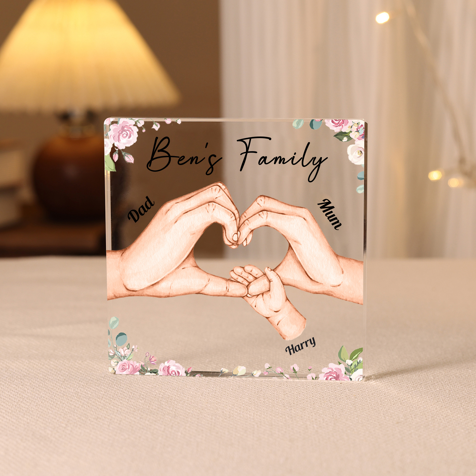 Personalised Family Hand Heart Acrylic Plaque - Custom 3 Names Christm