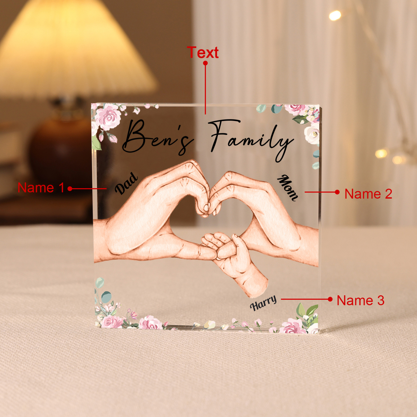 Personalised Family Hand Heart Acrylic Plaque - Custom 3 Names Christmas Gift for Her | Jessmade