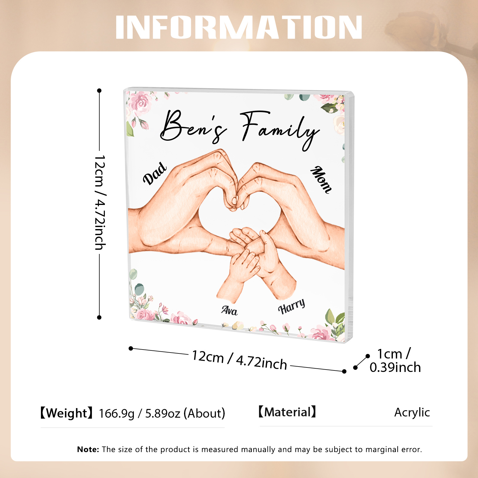 Personalised Family Hand Heart Acrylic Plaque - Custom 4 Names Christmas Gift for Her | Jessmade