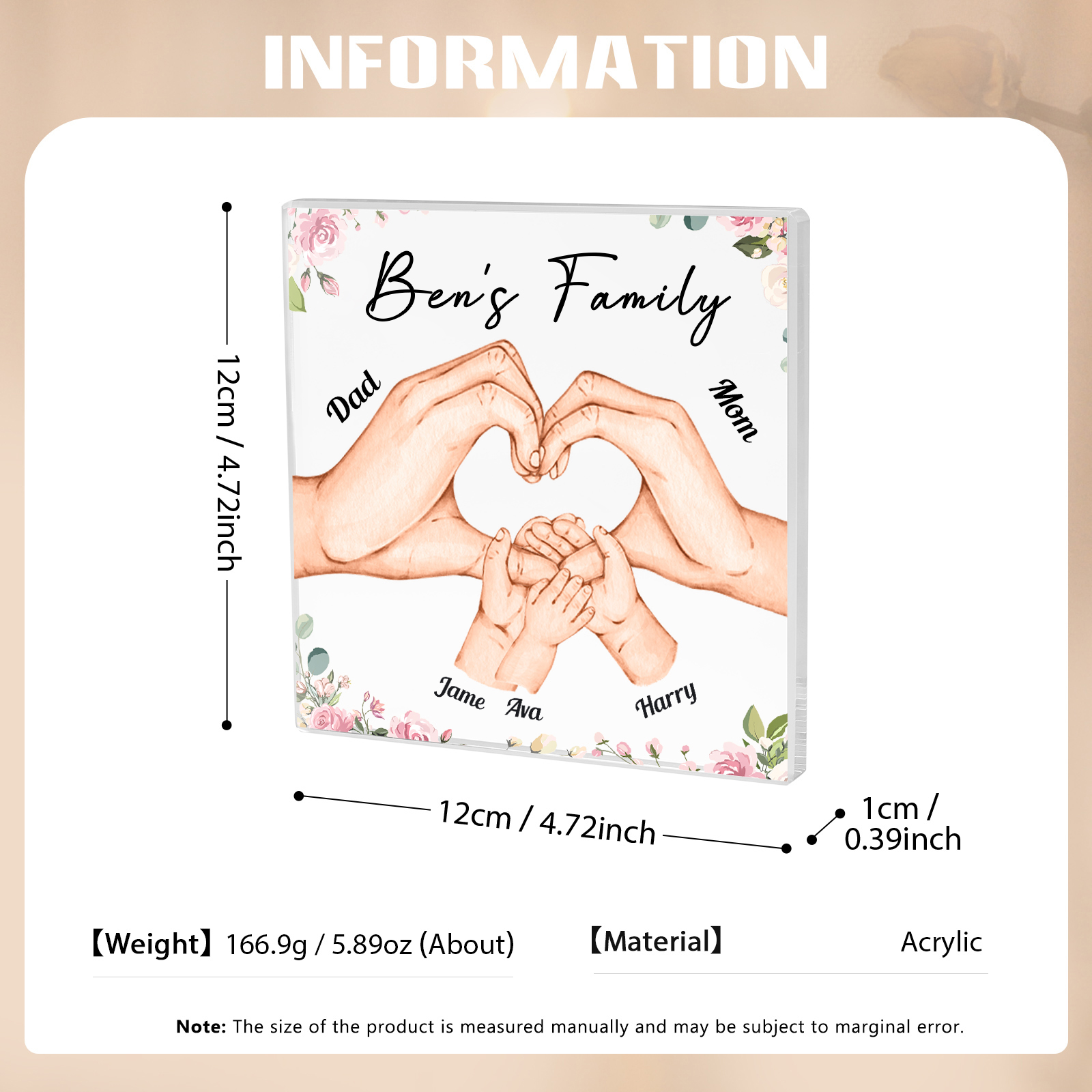 Personalised Family Hand Heart Acrylic Plaque - Custom 5 Names Christmas Gift for Her | Jessmade