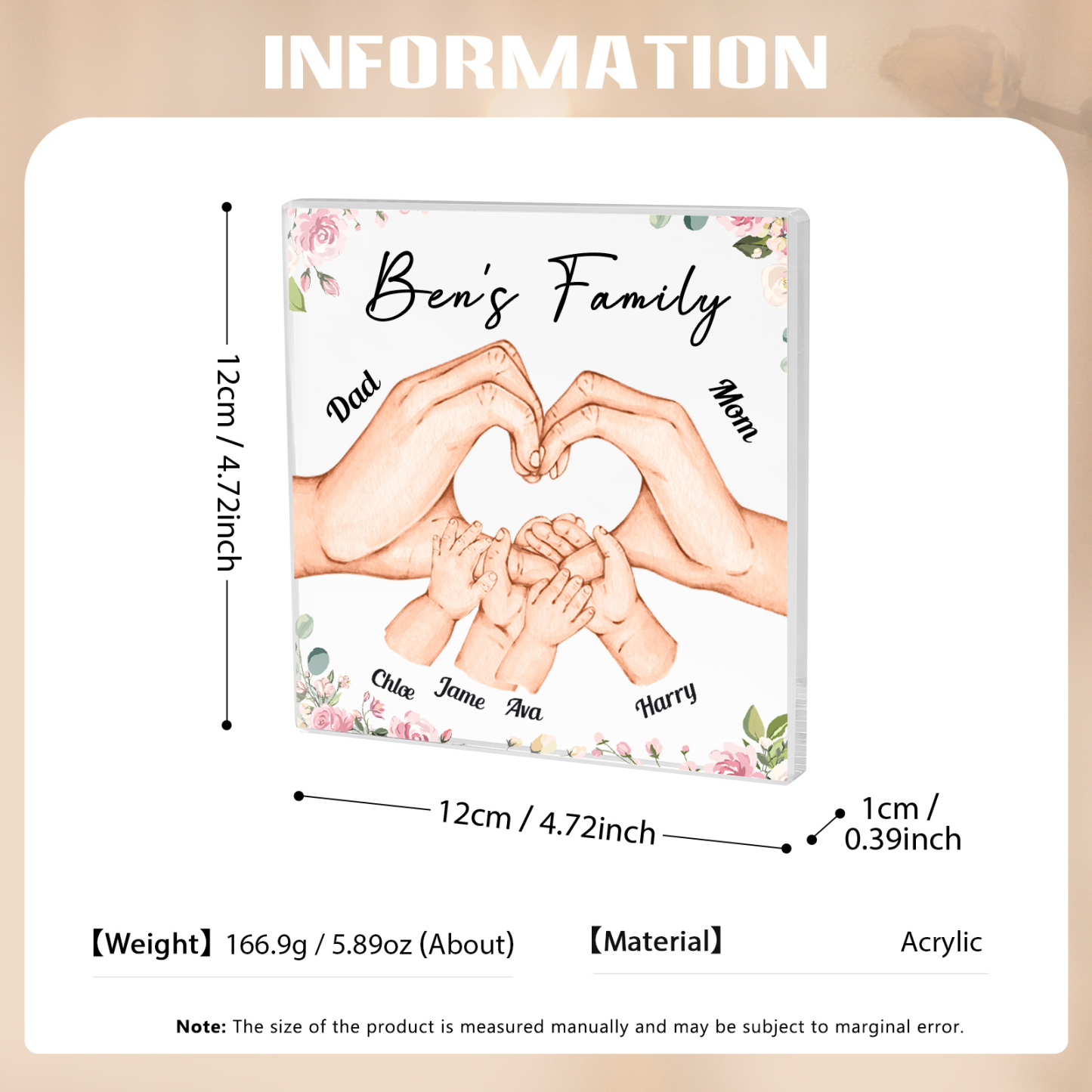 Personalised Family Hand Heart Acrylic Plaque - Custom 6 Names Christmas Gift for Her | Jessmade