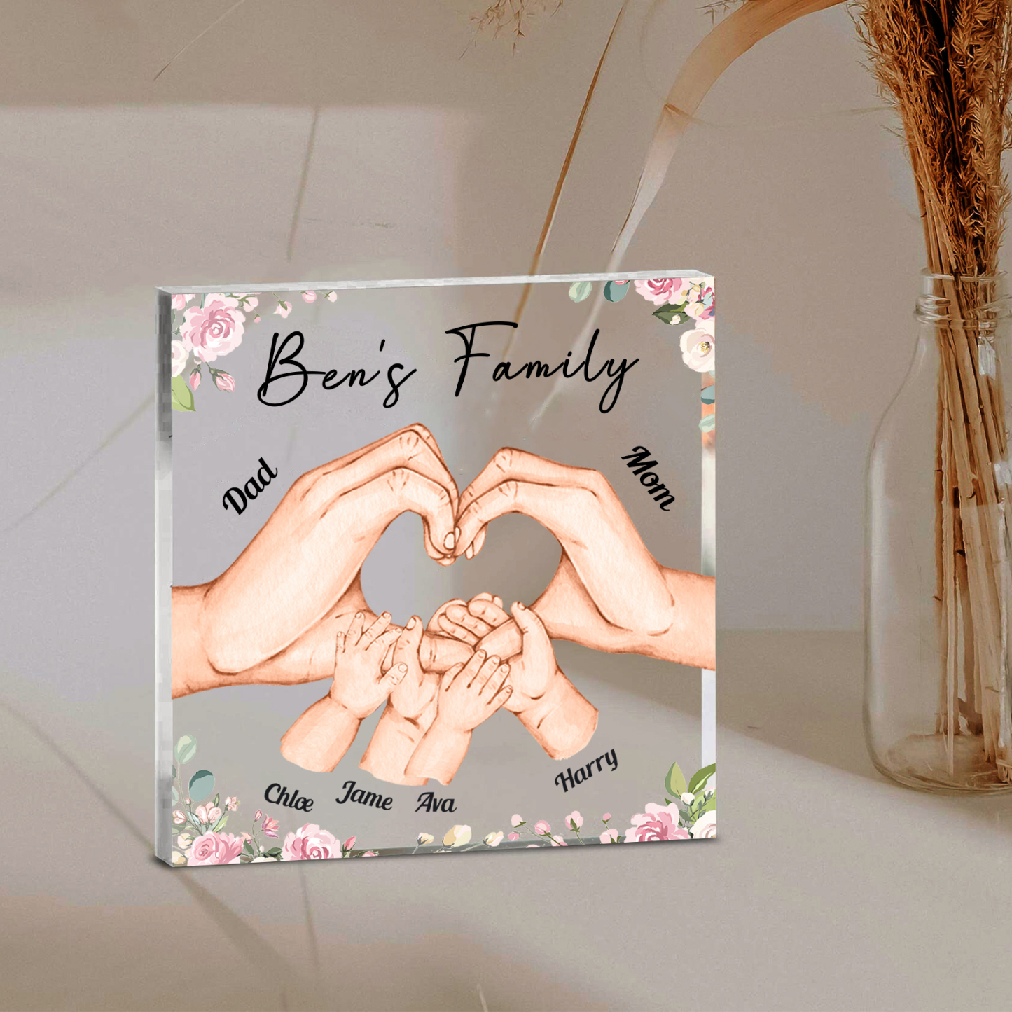 Personalised Family Hand Heart Acrylic Plaque - Custom 6 Names Christmas Gift for Her | Jessmade