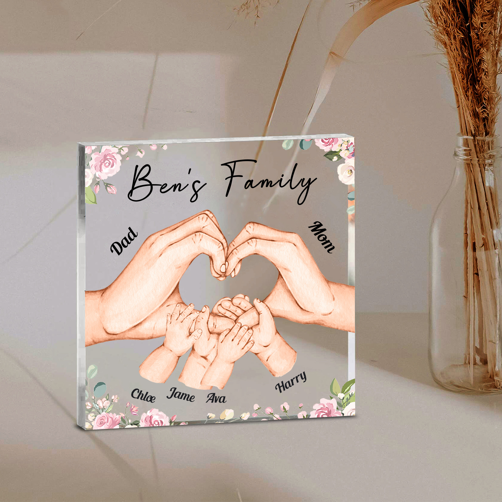 Personalised Family Hand Heart Acrylic Plaque - Custom 6 Names Christmas Gift for Her | Jessmade
