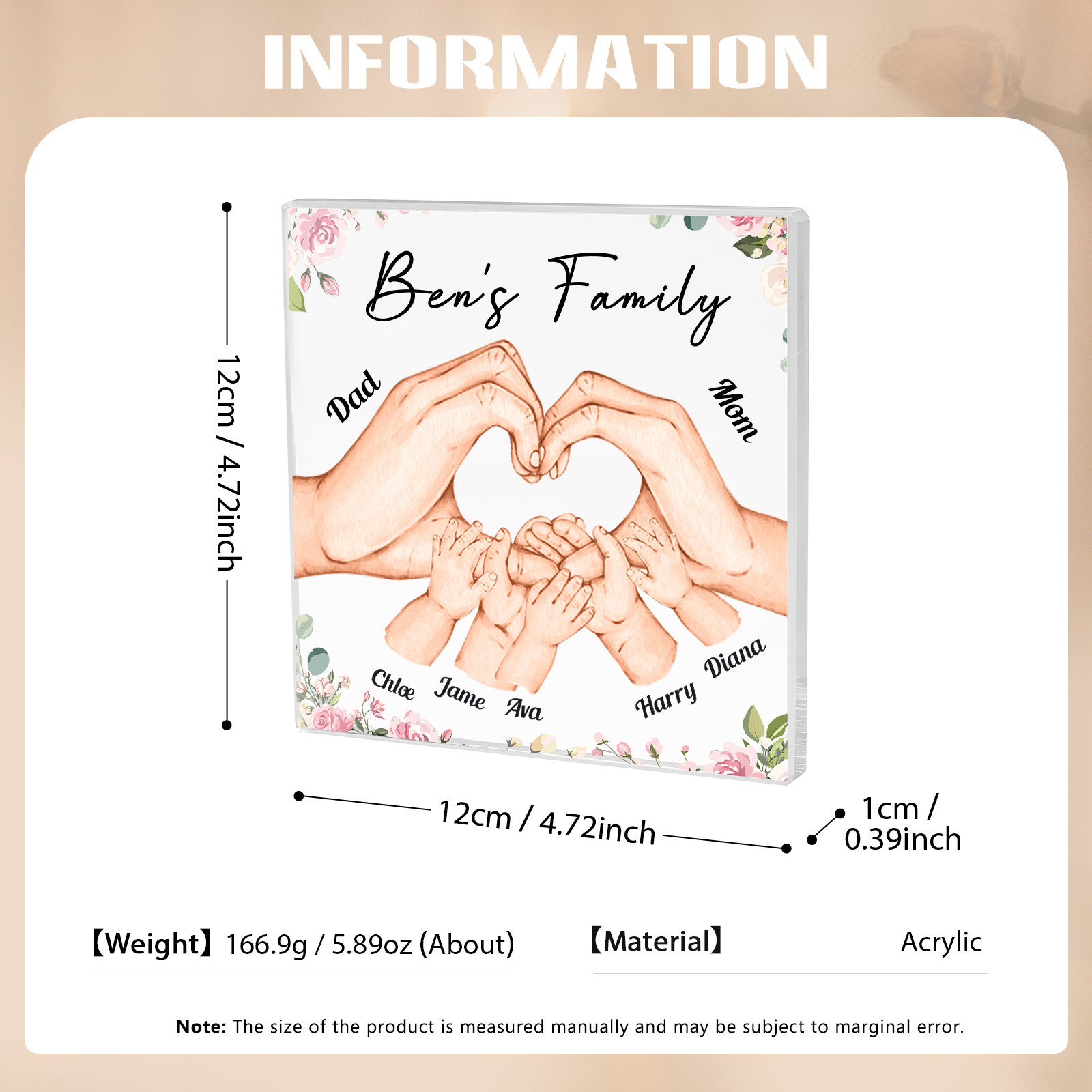 Personalised Family Hand Heart Acrylic Plaque - Custom 7 Names Christmas Gift for Her | Jessmade