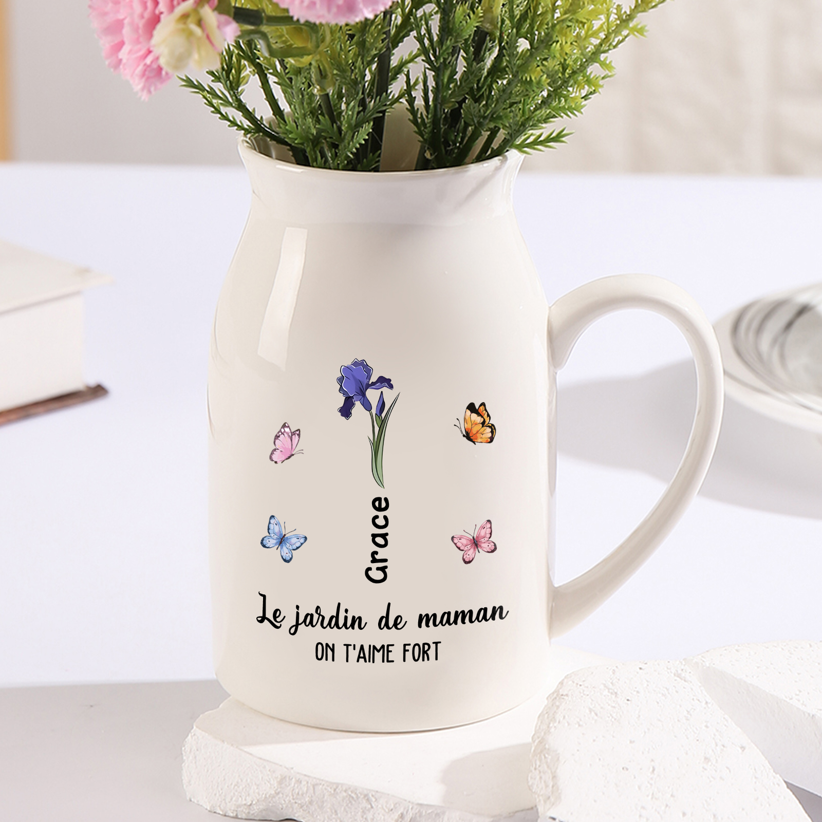 Personalised Round-Top Ceramic Vase with 2-6 Names, Birth Flowers & Butterfly Design – Unique Mother's Day Gifts for Her | Jessemade