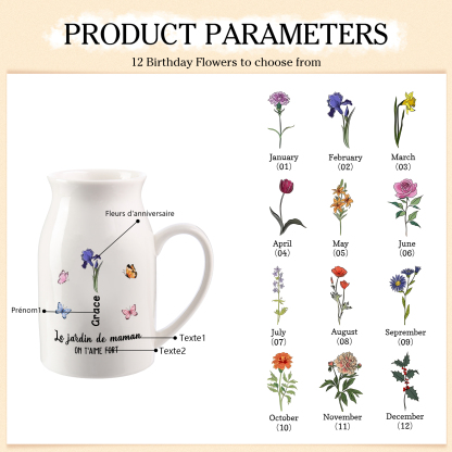 Personalised Round-Top Ceramic Vase with 2-6 Names, Birth Flowers & Butterfly Design – Unique Mother's Day Gifts for Her | Jessemade