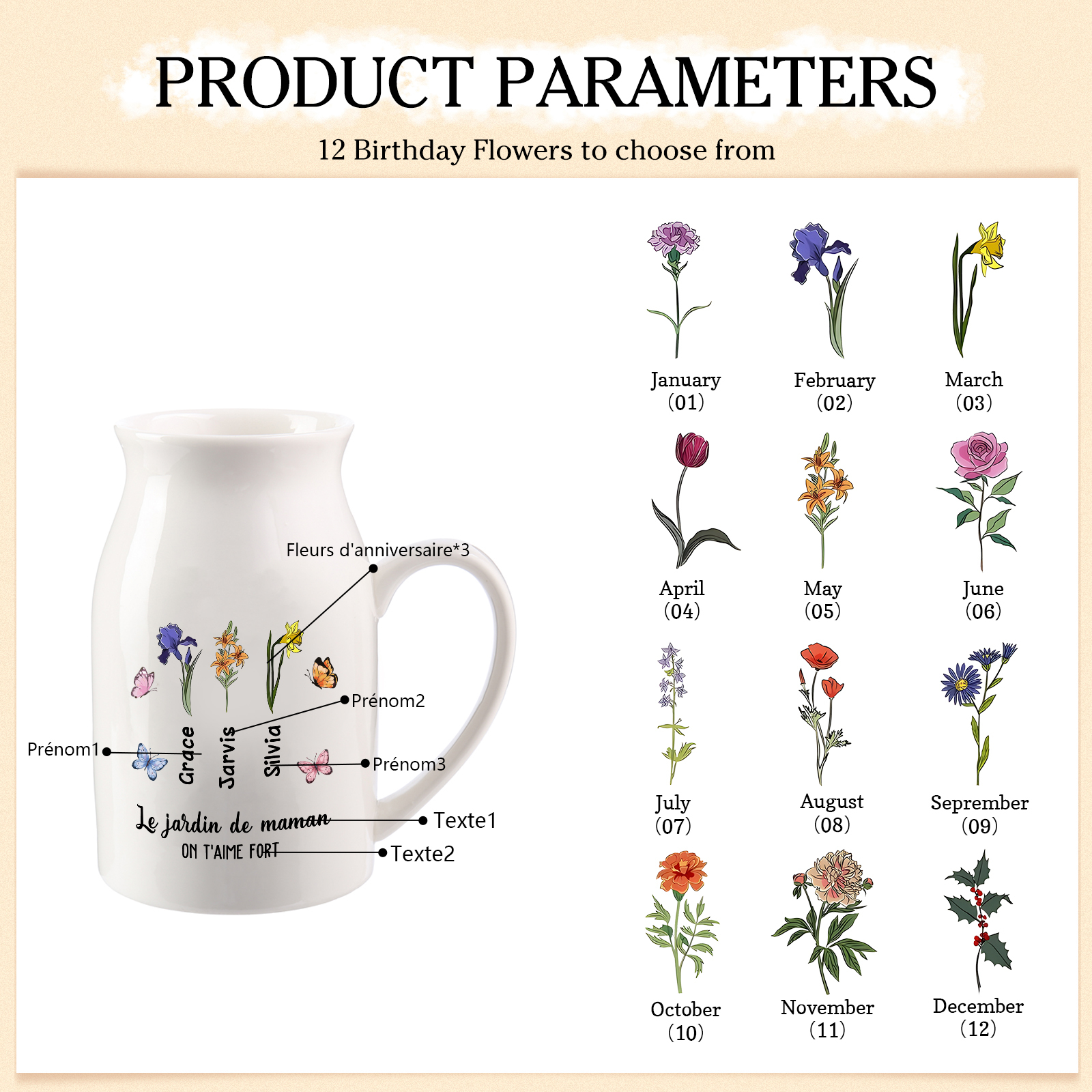 Personalised Round-Top Ceramic Vase with 2-6 Names, Birth Flowers & Butterfly Design – Unique Mother's Day Gifts for Her | Jessemade